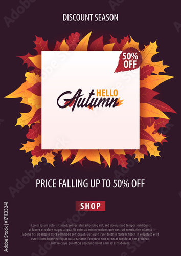 Autumn Background with leaves for shopping sale or promo poster and frame leaflet or web banner. Vector illustration template.