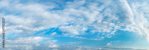 Vibrant color panoramic sky with cloud on a sunny day. Beautiful cirrus cloud. Panorama high resolution photograph.