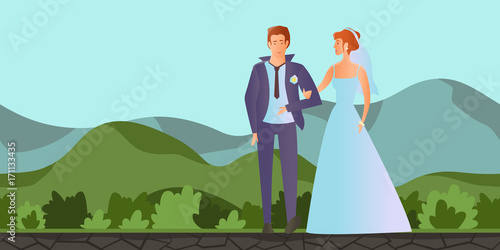 Young couple in love. Man and woman at the wedding ceremony in the summer mountain landscape. Vector illustration.