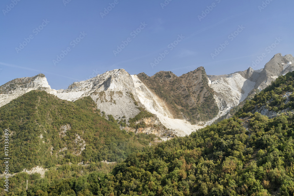 Panoramic view of the famous marble quarries from Bedizzano, Carrara, Tuscany, Italy