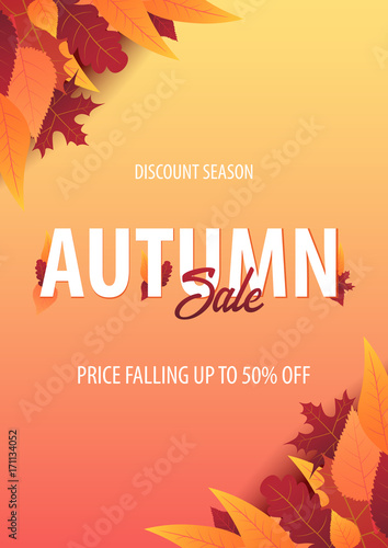 Autumn Background with leaves for shopping sale or promo poster and frame leaflet or web banner. Vector illustration template.