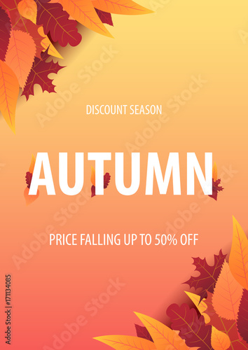 Autumn Background with leaves for shopping sale or promo poster and frame leaflet or web banner. Vector illustration template.