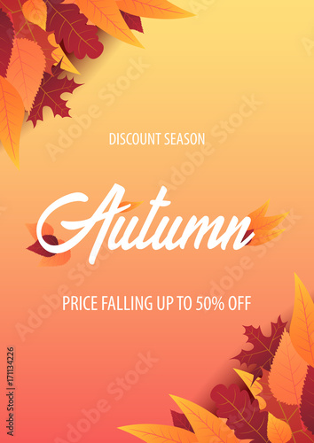 Autumn Background with leaves for shopping sale or promo poster and frame leaflet or web banner. Vector illustration template.
