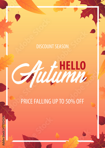Autumn Background with leaves for shopping sale or promo poster and frame leaflet or web banner. Vector illustration template.
