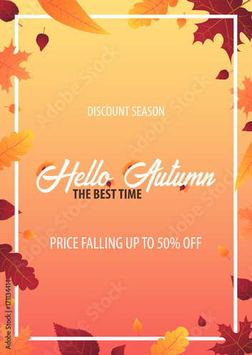Autumn Background with leaves for shopping sale or promo poster and frame leaflet or web banner. Vector illustration template.