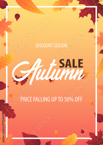 Autumn Background with leaves for shopping sale or promo poster and frame leaflet or web banner. Vector illustration template.