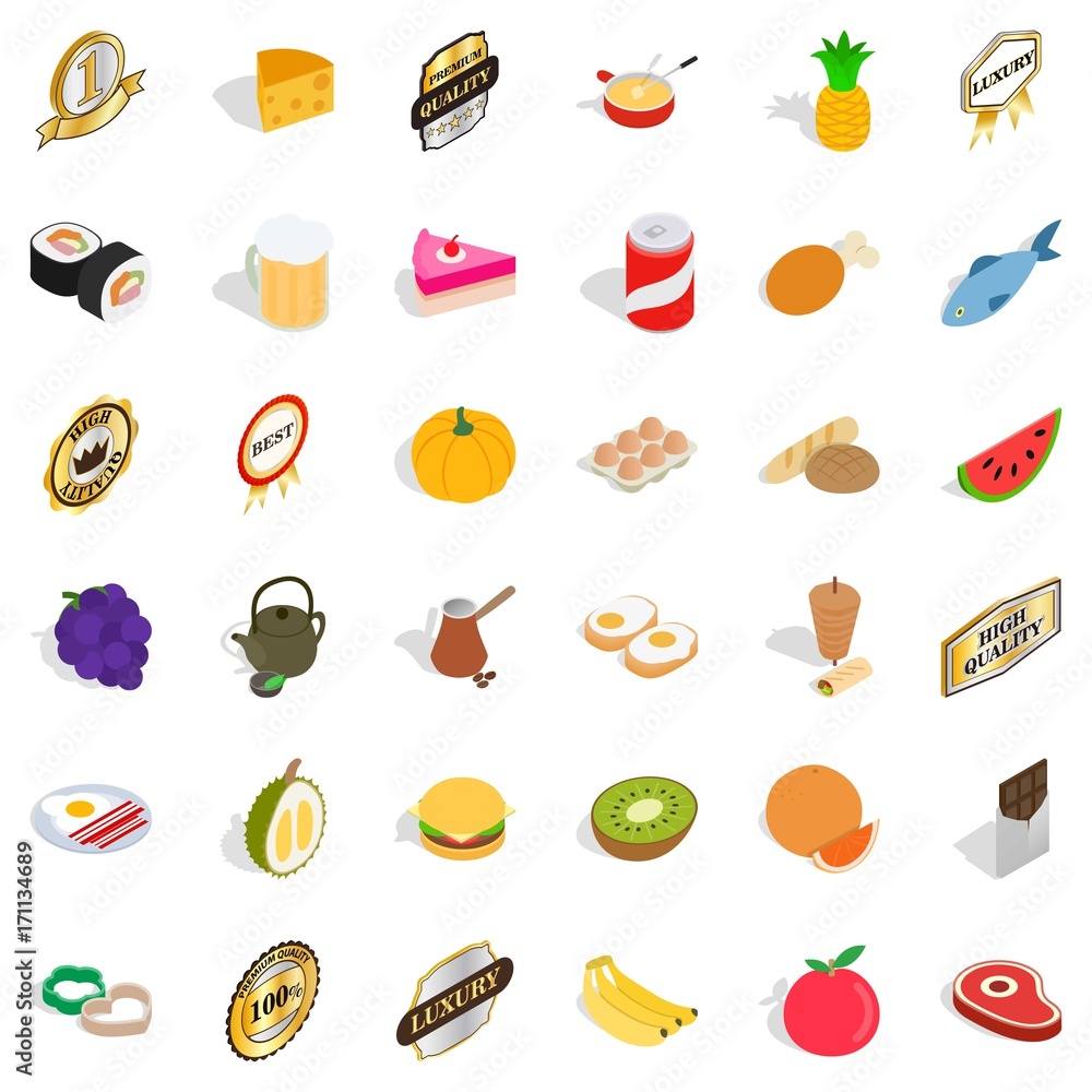 Healthy food icons set, isometric style