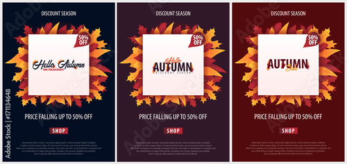 Set of Autumn Background with leaves for shopping sale or promo poster and frame leaflet or web banner. Vector illustration template.