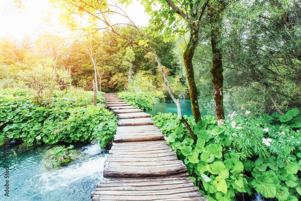 Plitvice Lakes National Park, tourist route on the wooden flooring along the waterfall Plitvice Lakes National Park, tourist route on the wooden flooring along the waterfall