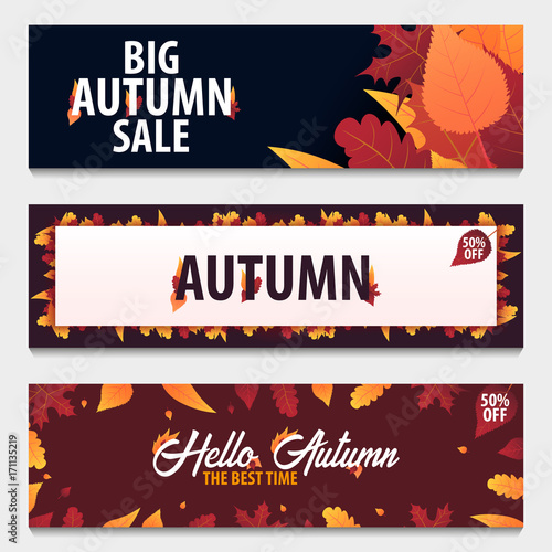 Set of Autumn Background with leaves for shopping sale or promo poster and frame leaflet or web banner. Vector illustration template.