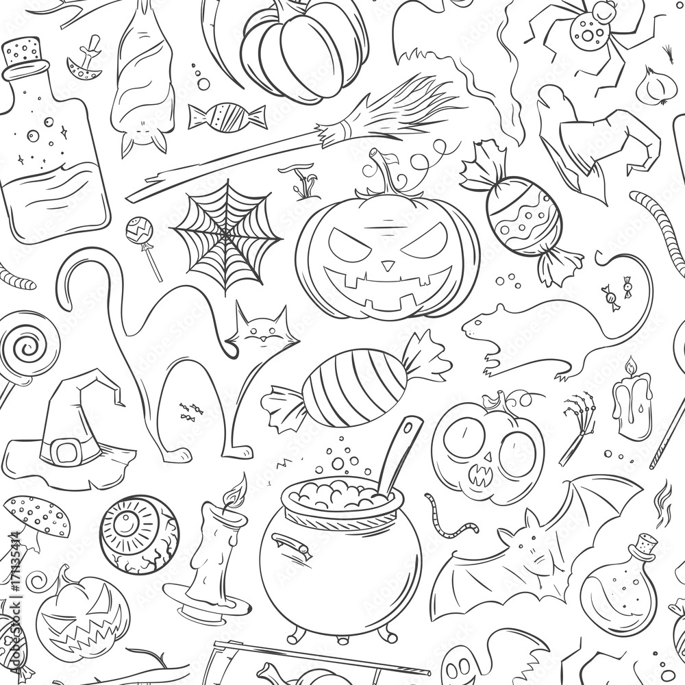 Seamless hand drawn pattern with Halloween attributes. Halloween theme for greeting card, wrapping paper, textiles. Vector illustration.