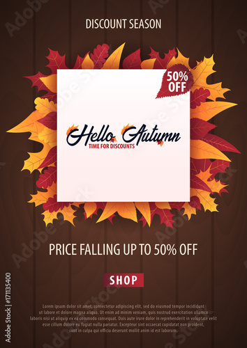 Autumn Background with leaves for shopping sale or promo poster and frame leaflet or web banner. Vector illustration template.