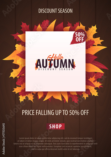 Autumn Background with leaves for shopping sale or promo poster and frame leaflet or web banner. Vector illustration template.