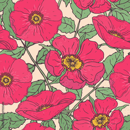 Botanical seamless pattern with pink dog roses, green stems and leaves. Beautiful garden flowers hand drawn in vintage style. Floral vector illustration for wrapping paper, textile print, wallpaper.