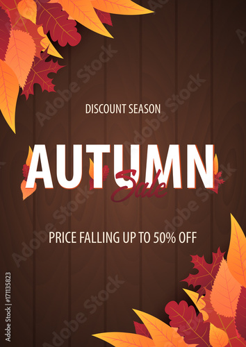Autumn Background with leaves for shopping sale or promo poster and frame leaflet or web banner. Vector illustration template.