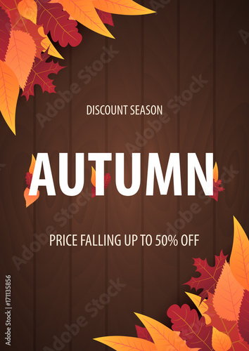 Autumn Background with leaves for shopping sale or promo poster and frame leaflet or web banner. Vector illustration template.