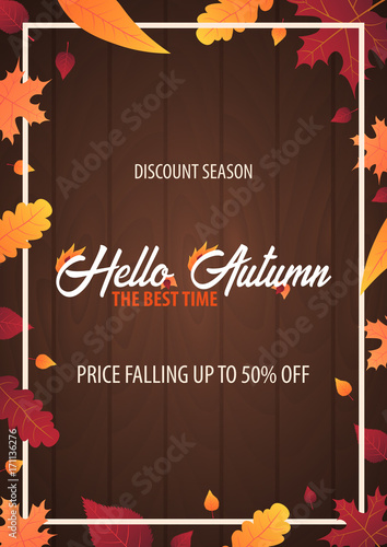 Autumn Background with leaves for shopping sale or promo poster and frame leaflet or web banner. Vector illustration template.
