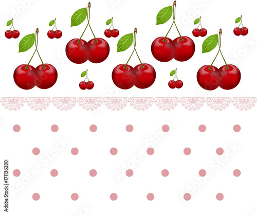 Sour cherry pattern Shabby chic style. Vintage retro dotted background