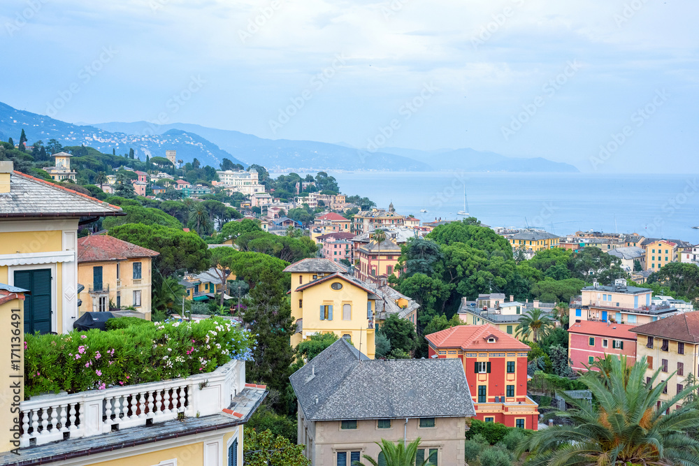 Beautiful sunset view to Santa Margherita Ligure city and sea in Italy