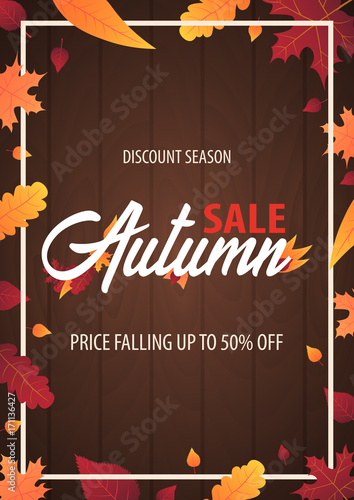 Autumn Background with leaves for shopping sale or promo poster and frame leaflet or web banner. Vector illustration template.