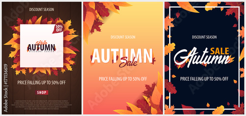 Set of Autumn Background with leaves for shopping sale or promo poster and frame leaflet or web banner. Vector illustration template.