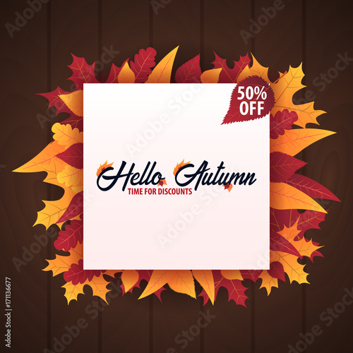 Autumn Background with leaves for shopping sale or promo poster and frame leaflet or web banner. Vector illustration template.