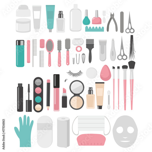 Flat design elements of cosmetology, hairdressing, makeup and manicure. Spa Tools and equipment set. Cosmetic Instrument isolated. Scissors, brushes and devices