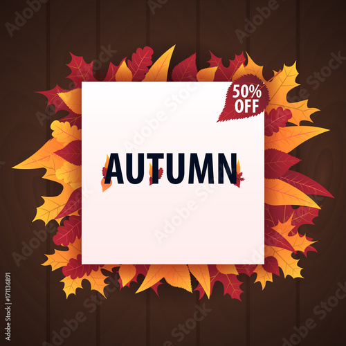 Autumn Background with leaves for shopping sale or promo poster and frame leaflet or web banner. Vector illustration template.