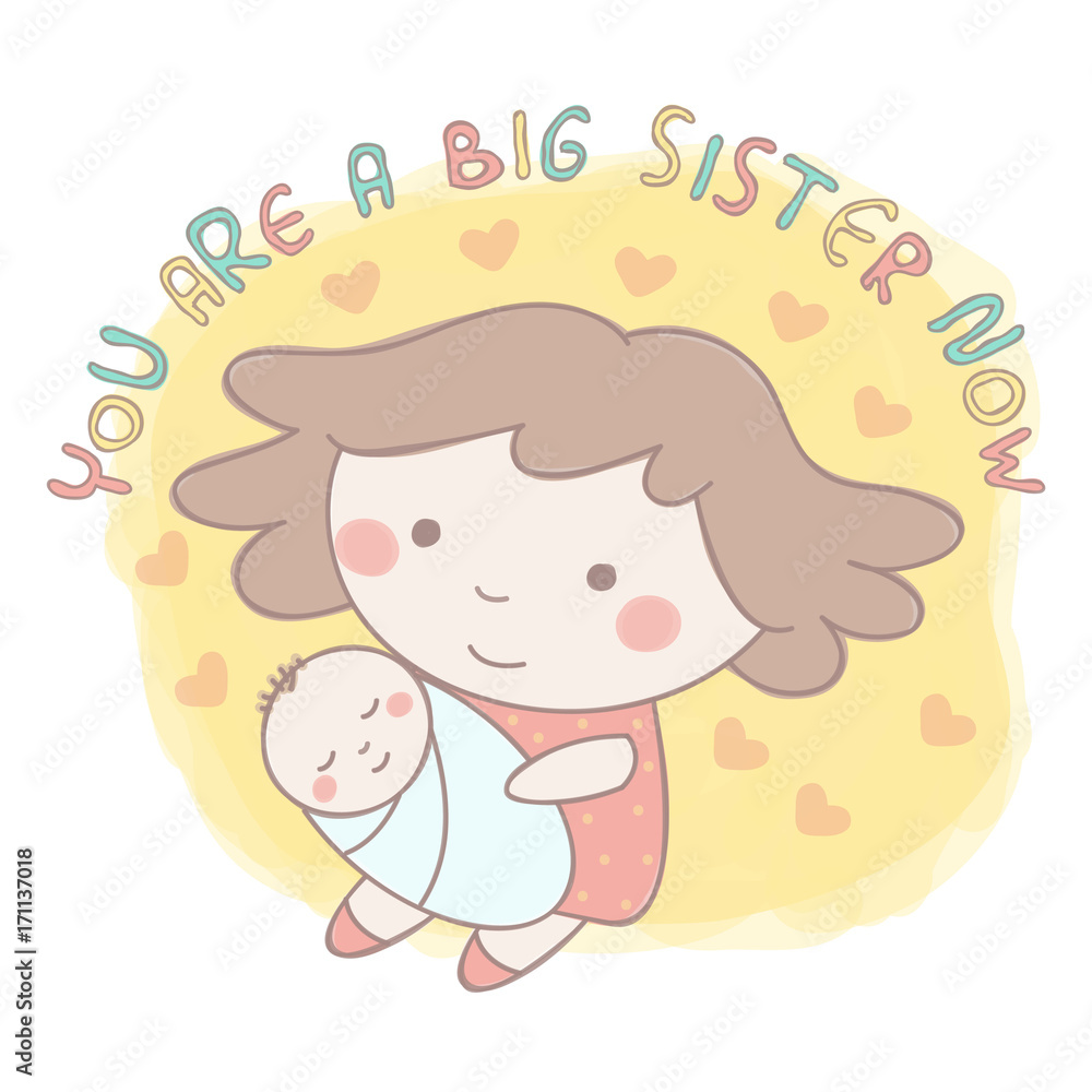 Cute vector illustration of sweet little girl holding her newborn baby brother or sister, colorful hand drawn style Cute vector illustration of sweet little girl holding her newborn baby brother or sister, colorful hand drawn style