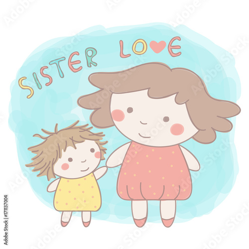 Cute vector hand drawn style illustration of two adorable little sisters holding hands