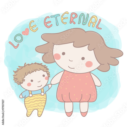 Cute vector illustration with little sister and baby brother or sister holding hands in colorful hand drawn style
