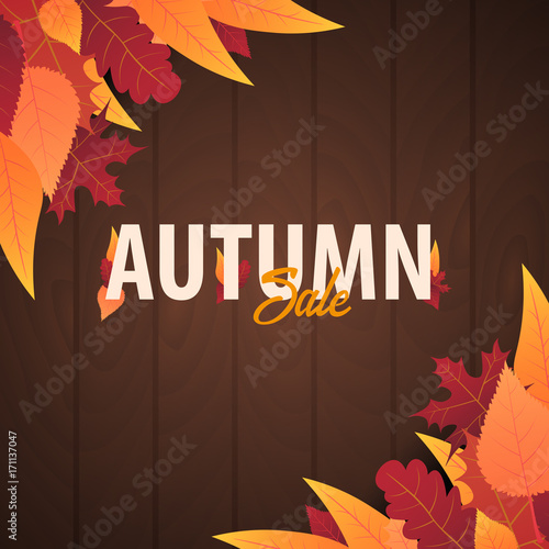 Autumn Background with leaves for shopping sale or promo poster and frame leaflet or web banner. Vector illustration template.