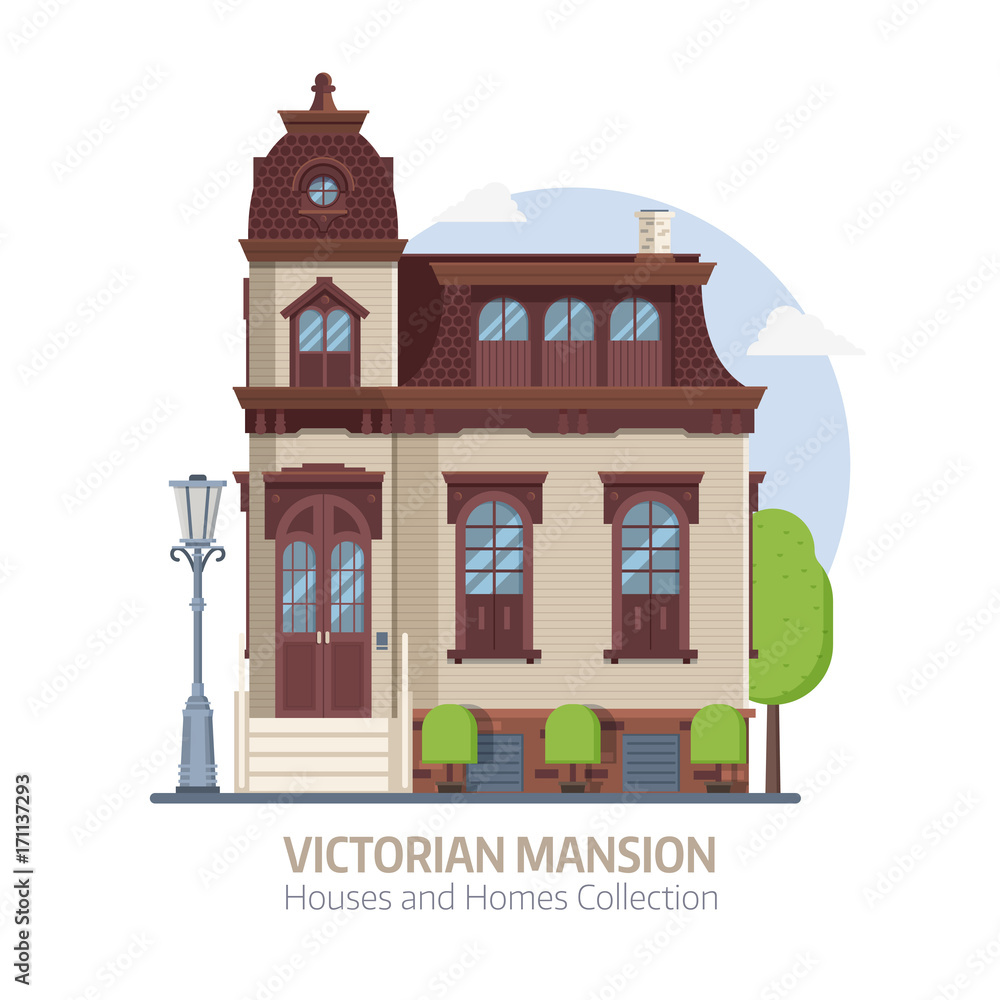 Old mansion building exterior. Classic victorian house or colonial style home with front porch. English manor vector illustration in flat design.