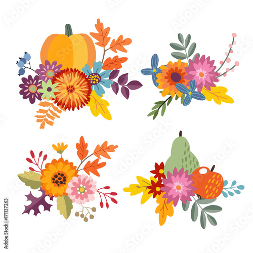Fototapeta Naklejka Na Ścianę i Meble -  Set of hand drawn bouquets made of pumpkin, apple and pear fruit. Floral composition with colorful leaves and flowers. Autumn, fall concept. Isolated vector objects.