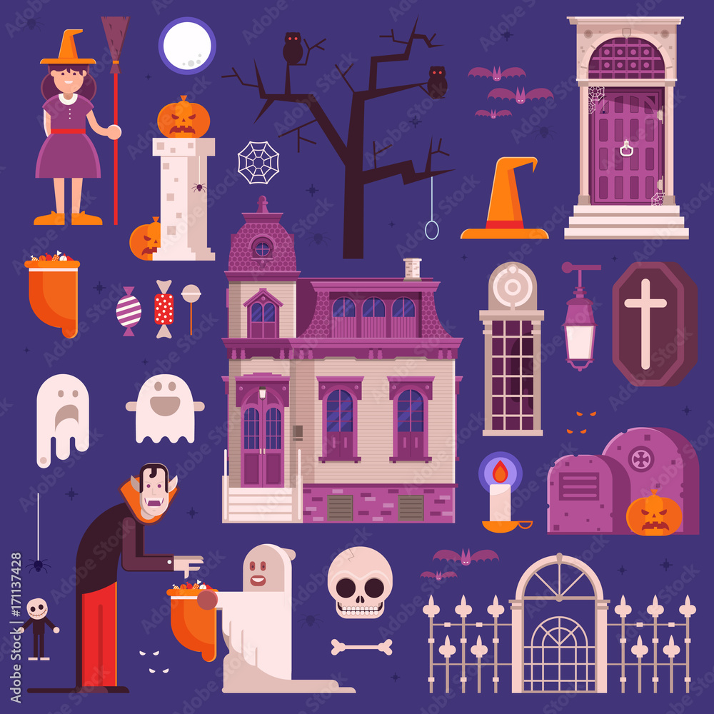 Halloween elements and icons set. Including trick or treat kids, cartoon vampire, old ghost house, haunted graveyard, pumpkin, skull, witch hat and other traditional halloween symbols.