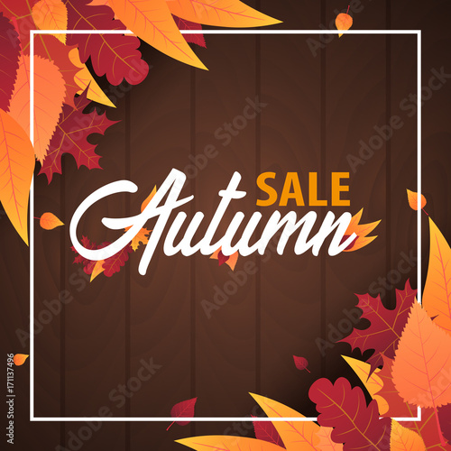 Autumn Background with leaves for shopping sale or promo poster and frame leaflet or web banner. Vector illustration template.