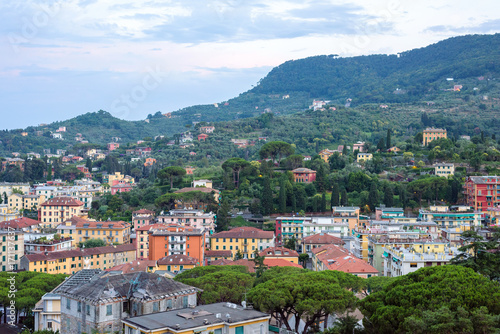 Beautiful sunset view to Santa Margherita Ligure city, blue sky and sea in Italy photo