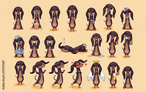 Set kit vector stock illustration emojis of cartoon character dog talisman, phylactery hound, mascot pooch, bowwow dachshund stickers emoticons German badger-dog with different emotions