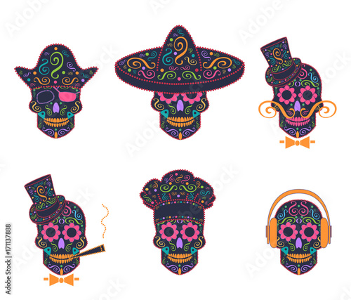 Skull icon Mexican with sombrero, pirate, gentlemen, kitchen chef, with headphones