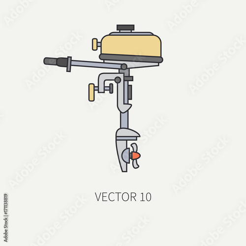 Line flat color vector fisher and camping icon outboard motor. Fisherman equipment. Retro cartoon style. Holiday travel. Spinning. Boat. Nature. Illustration and element for your design and wallpaper.