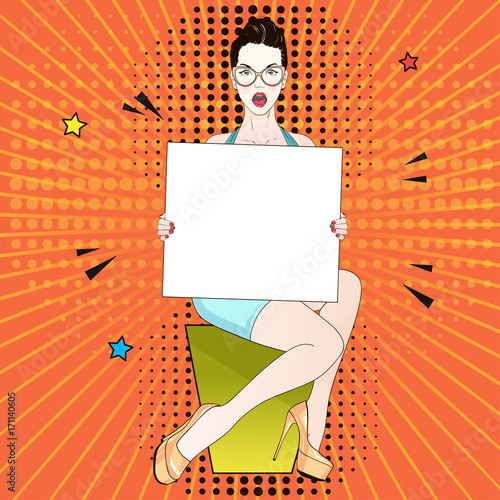 Pop Art Vintage advertising poster comic girl in blue dress and beige labutenes sits and holds a white banner. Vector illustration