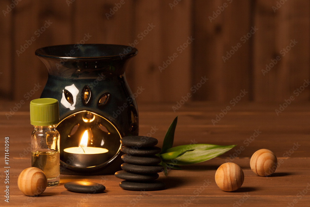 Aroma Lamp With Burning Candle. Aromatherapy. Essential Oil. Spa Room. - obrazy, fototapety, plakaty 