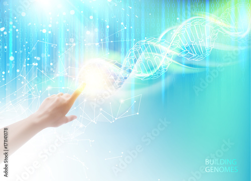 Biochemistry infographics design for science. Science concept image of human hand touching DNA. Vector illustrtion.