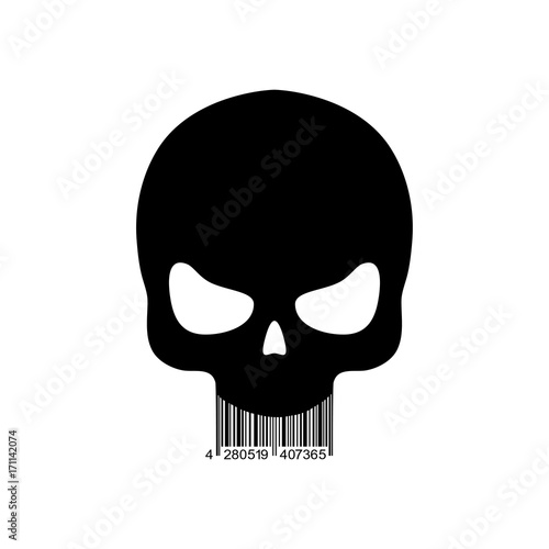Icono plano codigo de barras craneo negro en fondo blanco