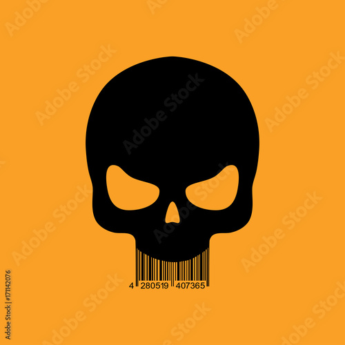 Icono plano codigo de barras craneo negro en fondo naranja