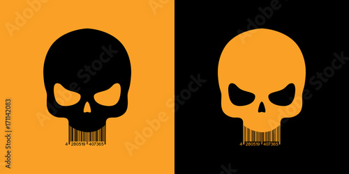 Icono plano codigo de barras craneo naranja y negro