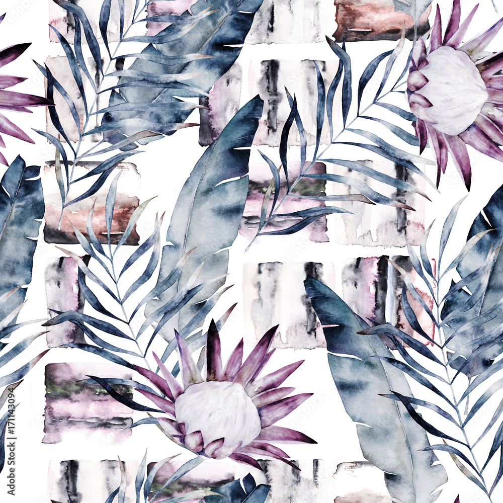 Fototapeta Marmurowe elementy i liście w akwareli, kwiatów. Egzotyczny wzór w stylu retro. Ilustracja ręcznie rysowana