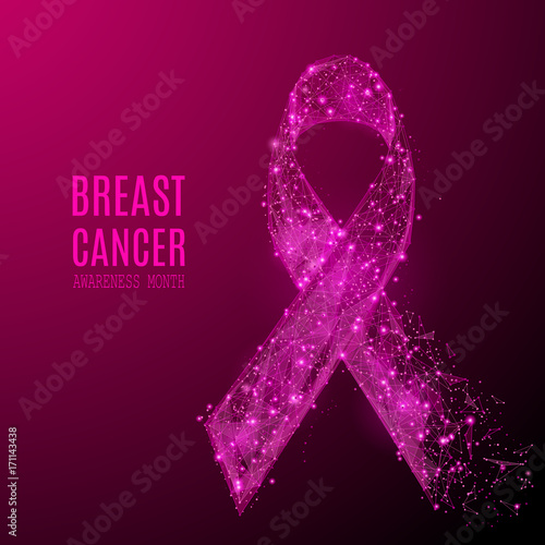 breast cancer awareness month. Abstract pink ribbon isolated on white background. Low poly wireframe digital illustration with destruct shapes. Vector polygonal image.