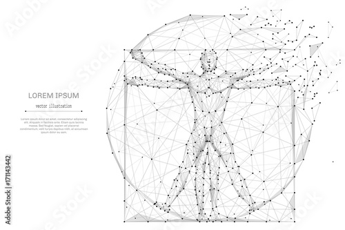 classic proportion man low poly wireframe. Abstract mash line and point origami on white background with an inscription. Starry sky or space, consisting of stars and the universe. Vector illustration photo
