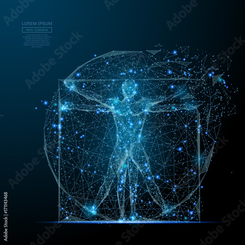classic proportion man low poly wireframe. Vector polygonal image in the form of a starry sky or space, consisting of points, lines, and shapes in the form of stars with destruct shapes photo